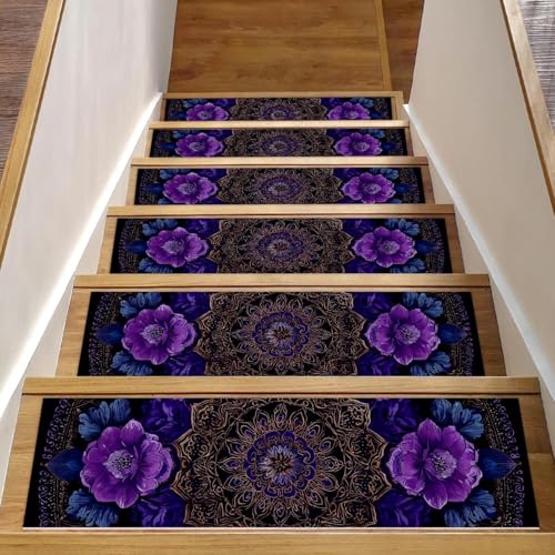 Stufenmatten mit Mandala-Blumen-Motiv, für Holzstufen, rutschfest, für den Innenbereich, 76,2 x 20,3 cm, mit wiederverwendbarem Klebstoff, Violett, 15 Stück Stufenmatten mit Mandala-Blumen-Motiv, für Holzstufen, rutschfest, für den Innenbereich, 76,2 x 20,3 cm, mit wiederverwendbarem Klebstoff, Violett, 15 Stück von Luoweisi
