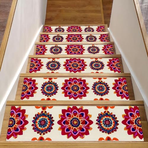 Stufenmatten mit Mandala-Blumen-Motiv für Holzstufen, 76,2 x 20,3 cm, rutschfest, für den Innenbereich, Treppenläufer, Treppenläufer, Matten für Hunde, Kinder, ältere Menschen, mit wiederverwendbarem Stufenmatten mit Mandala-Blumen-Motiv für Holzstufen, 76,2 x 20,3 cm, rutschfest, für den Innenbereich, Treppenläufer, Treppenläufer, Matten für Hunde, Kinder, ältere Menschen, mit wiederverwendbarem von Luoweisi