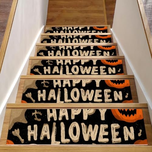Treppenmatten für Holzstufen, Halloween-Kürbisse, Totenkopf, rutschfest, für den Innenbereich, 76,2 x 20,3 cm, 15 Stück, mit wiederverwendbarem Kleber von Luoweisi