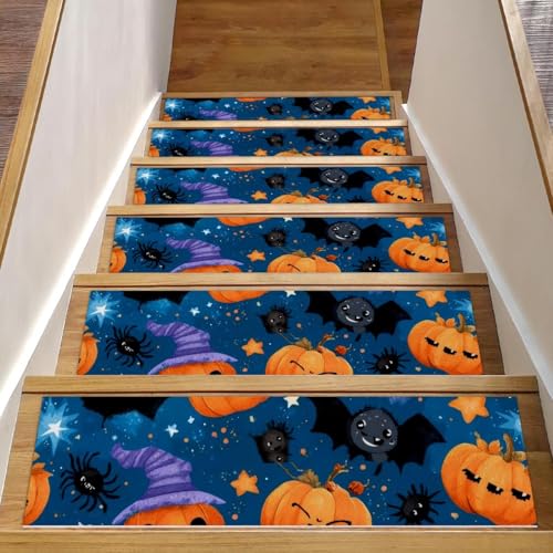 Treppenmatten für Holzstufen, Halloween-Sternenkürbisse, rutschfest, für den Innenbereich, 76,2 x 20,3 cm, 15 Stück, mit wiederverwendbarem Kleber von Luoweisi