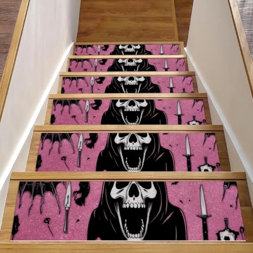 Treppenmatten für Holzstufen, Halloween-Totenkopf-Design, rutschfest, für den Innenbereich, 76,2 x 20,3 cm, 15 Stück, mit wiederverwendbarem Kleber Treppenmatten für Holzstufen, Halloween-Totenkopf-Design, rutschfest, für den Innenbereich, 76,2 x 20,3 cm, 15 Stück, mit wiederverwendbarem Kleber von Luoweisi