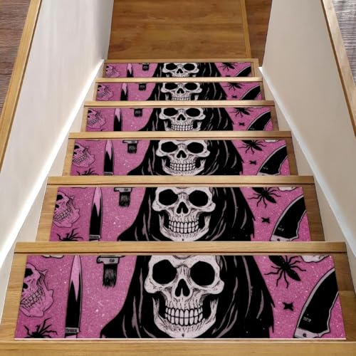 Treppenmatten für Holzstufen, Halloween-Totenkopf-Motiv, rutschfest, für den Innenbereich, 76,2 x 20,3 cm, für Hunde, Kinder, ältere Menschen, mit wiederverwendbarem Klebstoff, 15 Stück von Luoweisi