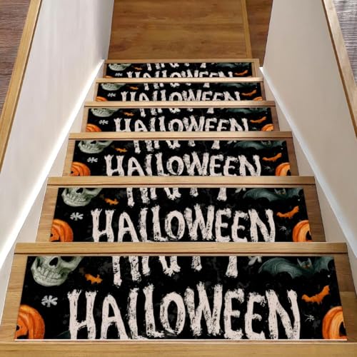 Treppenmatten für Holzstufen, Halloween-Totenkopf-Motiv, rutschfest, für den Innenbereich, 76,2 x 20,3 cm, für Hunde, Kinder, ältere Menschen, mit wiederverwendbarem Klebstoff, 15 Stück von Luoweisi