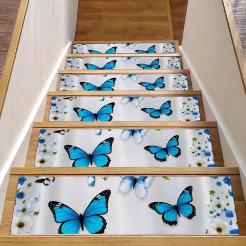 Treppenmatten für Holzstufen, Motiv: Blaue Schmetterlings-Blumen, 76,2 x 20,3 cm, rutschfest, für den Innenbereich, Treppenläufer, Treppenläufer, Matten für Hunde, Kinder, ältere Menschen, mit Treppenmatten für Holzstufen, Motiv: Blaue Schmetterlings-Blumen, 76,2 x 20,3 cm, rutschfest, für den Innenbereich, Treppenläufer, Treppenläufer, Matten für Hunde, Kinder, ältere Menschen, mit von Luoweisi