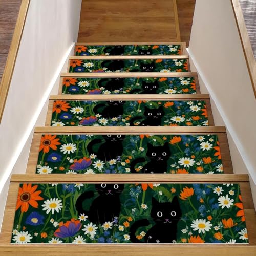 Treppenmatten für Holzstufen, Motiv: schwarze Katze, Blumen, 76,2 x 20,3 cm, rutschfest, für den Innenbereich, Treppenläufer, Matten für Hunde, Kinder, ältere Menschen, mit wiederverwendbarem Treppenmatten für Holzstufen, Motiv: schwarze Katze, Blumen, 76,2 x 20,3 cm, rutschfest, für den Innenbereich, Treppenläufer, Matten für Hunde, Kinder, ältere Menschen, mit wiederverwendbarem von Luoweisi