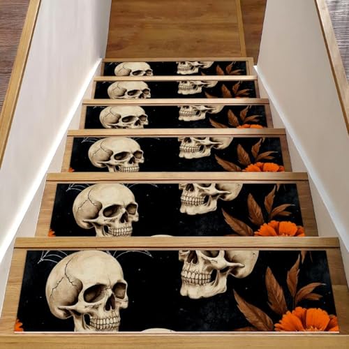 Treppenmatten mit Totenkopf-Blumen, für Holzstufen, 76,2 x 20,3 cm, rutschfest, für den Innenbereich, Treppenläufer, Treppenläufer, Matten für Hunde, Kinder, ältere Menschen, mit wiederverwendbarem Treppenmatten mit Totenkopf-Blumen, für Holzstufen, 76,2 x 20,3 cm, rutschfest, für den Innenbereich, Treppenläufer, Treppenläufer, Matten für Hunde, Kinder, ältere Menschen, mit wiederverwendbarem von Luoweisi