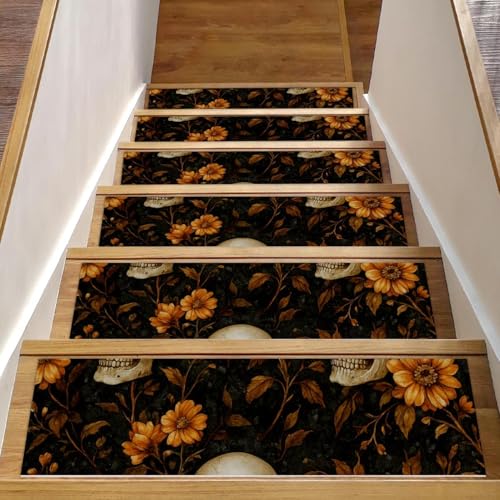 Treppenstufen mit Totenkopf-Blumen-Motiv, 15 Stück, 76,2 x 20,3 cm, rutschfest, für den Innenbereich, Treppenläufer, Treppenläufer, Matten für Hunde, Kinder, ältere Menschen, mit wiederverwendbarem Treppenstufen mit Totenkopf-Blumen-Motiv, 15 Stück, 76,2 x 20,3 cm, rutschfest, für den Innenbereich, Treppenläufer, Treppenläufer, Matten für Hunde, Kinder, ältere Menschen, mit wiederverwendbarem von Luoweisi