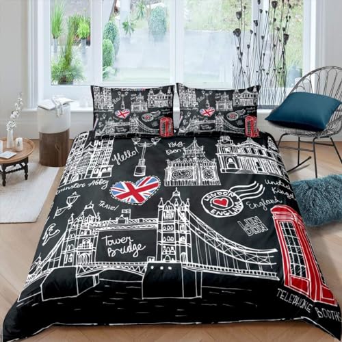 Luowenji Bettwäsche 135x200 London Bettwäsche-Sets 3D Schwarz Bettbezug 135x200 3 Teilig Bettbezüge Weiche Mikrofaser und 2 Kissenbezug 80x80 mit Reißverschluss C955 von Luowenji