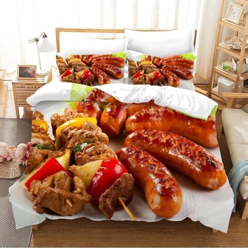Luowenji Bettwäsche 155x200 Gourmet-Essen Bettwäsche-Sets 3D Gegrillte Spieße und Würstchen Bettbezug 155x200 3 Teilig Bettbezüge Weiche Mikrofaser und 2 Kissenbezug 80x80 mit Reißverschluss a-10887 von Luowenji