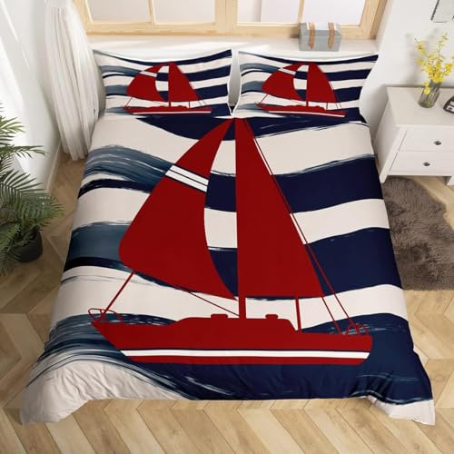 Luowenji Bettwäsche 155x200 Segelschiff Bettwäsche-Sets 3D Junge Teenager Bettbezug 155x200 3 Teilig Bettbezüge Weiche Mikrofaser und 2 Kissenbezug 80x80 mit Reißverschluss c6164 von Luowenji