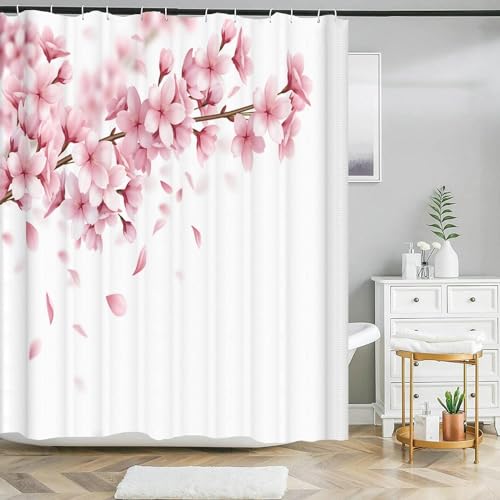 Luowenji Duschvorhang 120x200 Rosa Sakura Antischimmel Waschbar Duschvorhänge Blumen Shower Curtains 3D Wasserdicht Badezimmer Vorhänge für Badewanne und Dusche mit Haken 4474D von Luowenji