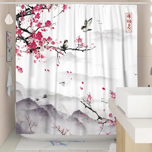 Luowenji Duschvorhang 200x200 Japan Antischimmel Waschbar Duschvorhänge Sakura-Vogel Shower Curtains 3D Wasserdicht Badezimmer Vorhänge für Badewanne und Dusche mit Haken D7291 von Luowenji