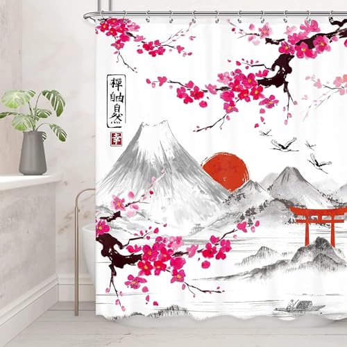 Luowenji Duschvorhang 240x200 Japan Shower Curtains 3D Duschvorhang Japanische Kirschblüten Antischimmel Duschvorhänge für Badewanne Waschbar Textil Badezimmer Vorhang A4220 von Luowenji