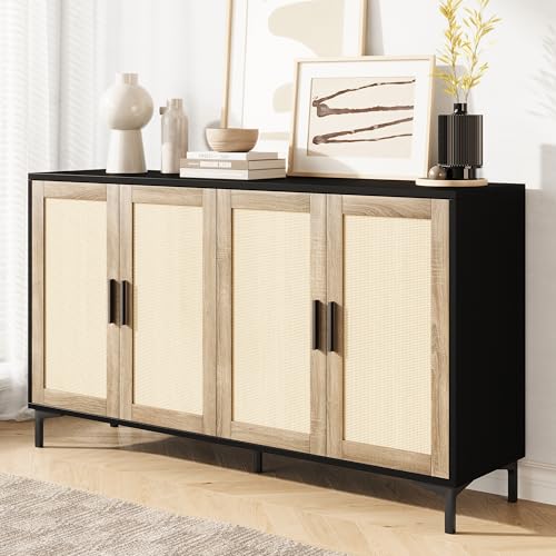 Luoxiao 123 cm Sideboard Rattan Buffetschrank mit 4 Türen Holz Kommode Vintage Küchenschrank mit Metallbeine Schrank für Wohnzimmer, Esszimmer, Küche, Flur, Büro, Schwarz Luoxiao 123 cm Sideboard Rattan Buffetschrank mit 4 Türen Holz Kommode Vintage Küchenschrank mit Metallbeine Schrank für Wohnzimmer, Esszimmer, Küche, Flur, Büro, Schwarz von Luoxiao