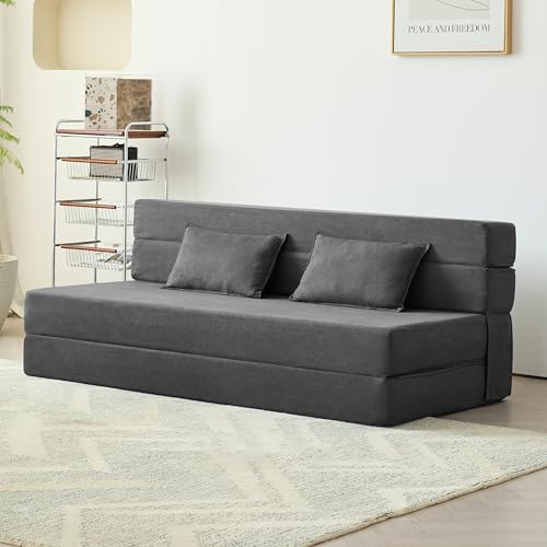 Luoxiao Klappmatratze 150 cm Faltmatratze 2-teilige Gästematratze Klappbar mit 2 Kissen Faltbare Schlafsofa Matratze Memory-Schaum Klappbett Schlafcouch für Wohnzimmer, Gästes Dunkelgrau von Luoxiao