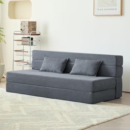 Luoxiao Klappmatratze 150 cm Faltmatratze 2-teilige Gästematratze Klappbar mit 2 Kissen Faltbare Schlafsofa Matratze Memory-Schaum Klappbett Schlafcouch für Wohnzimmer, Gästes Hellgrau von Luoxiao