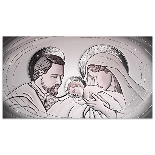 Lupia - Quadro moderno su tela in cotone Sacra famiglia SHINY 62x115 cm THE KISS CERAMIC GREY con glitter e brillantini, Nativita' per soggiorno, capezzale camera da letto von Lupia