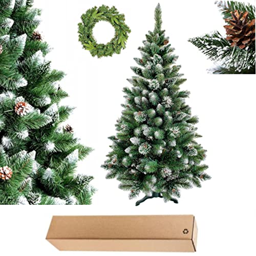 Lupico RFT Künstlicher Weihnachtsbaum Christbaum Beschneit Tannenbaum mit Zapfen und Weihnachtskranz EU Hergestellt (Kiefer 150cm Beschneit mit Ständer), Helleren Grünton von Lupico