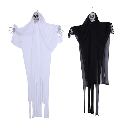 Luqeeg 2 Stück Hängende Halloween Skelett Geister Dekorationen, 160 g Hängende Skelett Geister Gruselige Halloween Totenkopf Dekorationen für Haustür Partyzubehör Schwarz Weiß von Luqeeg
