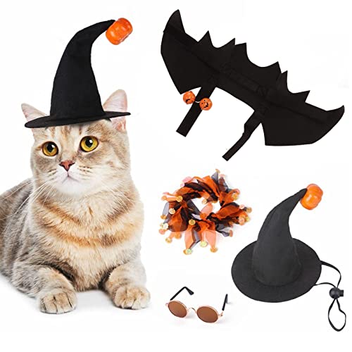 Luqeeg 4 Teiliges Halloween Kostümset für Haustiere, Fledermausflügel, Bekleidung, Halloween Party, mit Kürbisglocken, Zauberhut und Brille für Kleine Katzen und Hunde von Luqeeg