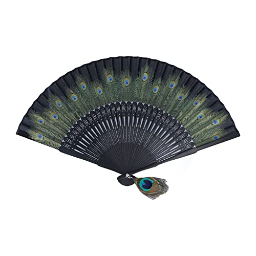 Luqeeg Faltbarer Handfächer, Seidenpfau-handfächer Mit Eleganten Quasten, Chinesisches Retro-Stil-handhandwerk für Frauen, Klassischer Fächer für Tanzparty-hochzeitsdekoration, Schwarz von Luqeeg
