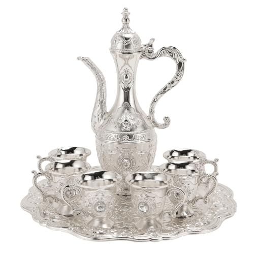 Türkisches Vintage-Kaffeekannen-Set, Retro-Kaffee-Tee-Servierset, Europäischer Stil Weinglas-Topf-Set aus Legierung mit 6 Kaffeetassen und Handgefertigtem Teetablett für Tee Heim von Luqeeg