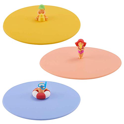Lurch 210301 Mein Deckel Beach Kids 3er Set (Emma Eis, Simon Sandburg, Roland Ring), Glasabdeckung aus BPA-freiem Platin Silikon, Ø 10,5cm, Pfirsichfarbe, Blau, Gelb von Lurch