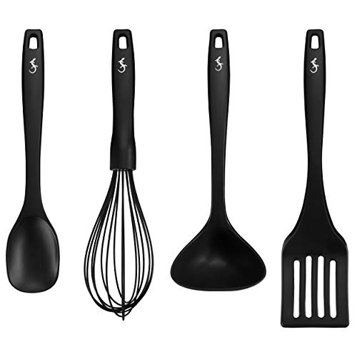Lurch 240613 Smart Tool Essential Set Küchenhelfer aus 100% BPA-freiem Platin Silikon mit Nylonkern (Kochlöffel, Pfannenwender, Schöpfkelle & Schneebesen), Schwarz von Lurch