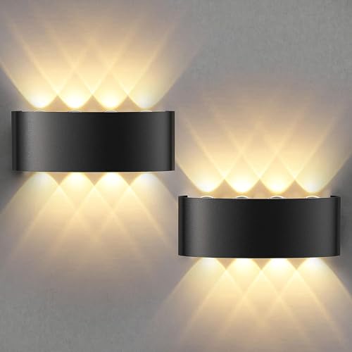 Lureshine 2 Stück Wandleuchte Innen, 22x8x5cm Up an Down Wandlampe, Aluminium-Druckguss Aussen 8w Schwarz IP 65 LED 3000K Warmweiß, für Wohnzimmer von Lureshine