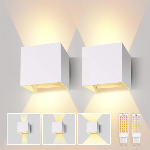 Lureshine 2 Stücke Wandlampe mit Austauschbarer G9 LED Lampe Warmweiß 3000K Aluminium LED Wandleuchte Innen|Aussen Einstellbarer Abstrahlwinkel Wandbeleuchtung für Schlafzimmer Badezimmer Gang（Weiß von Lureshine