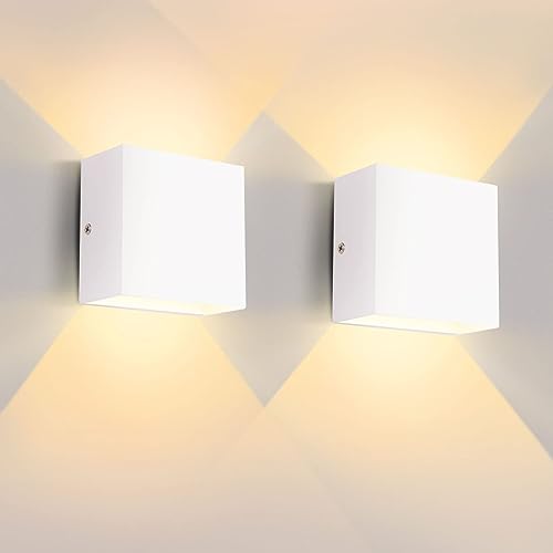Lureshine Wandleuchte LED Innen 2er Set, 10x10x5cm Up an Down Wandlampe, Aluminium-Druckguss Wandleuchte 10w Weiß, Wandleuchte Innen 3000K Warmweiß, Wandlampe Innen für Wohnzimmer Garage von Lureshine