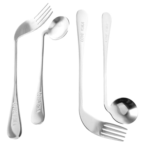 Lurrose 4 Stück Rechts-Linkshänder-Griff Leicht Versetzter Löffel Abgewinkelter Edelstahl Adaptive Utensilien -Besteck Für Handzittern Ältere Menschen von Lurrose