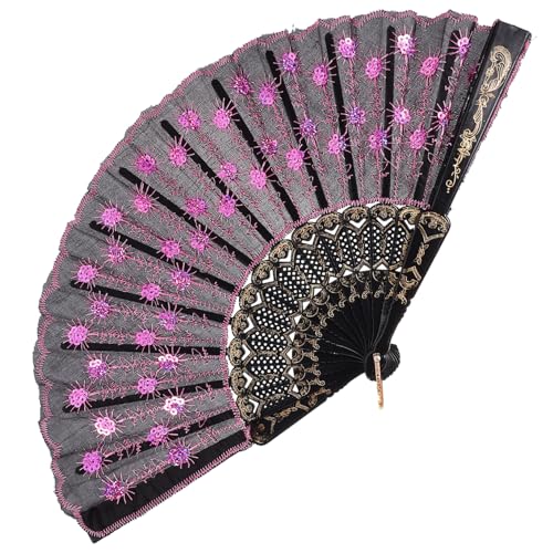Lurrose Faltbarer Handfächer mit Besticktem Pailletten Pfauenmuster Eleganter Faltbarer Damen Handventilator Leichter Tragbarer Fächer für Party Tanz Festival und Sommergebrauch von Lurrose