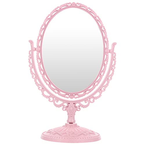 Lurrose Ovaler Kosmetikspiegel Vintage Tabletop Vanity Vergrößerungs 360 Grad Drehung Doppelseitiger Spiegel (Pink) von Lurrose