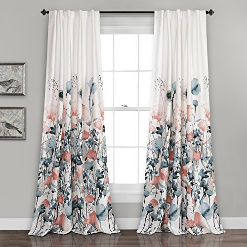 Lush DÉCOR Zuri Flora Vorhänge, Raumverdunkelung, Fensterpaneel-Set für Wohnzimmer, Esszimmer, Schlafzimmer (Paar), 213,4 x 132,1 cm, Blau und Koralle, 2 Stück von Lush Decor