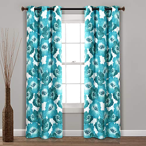 Lush Decor 100% Blackout Window Curtain Panel Pair Leah Thermoöse mit Blumenmuster, Polyester, Blau und Blaugrün, 84" L von Lush Decor