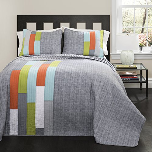 Lush Decor 2 Twin-Grau und Orange Shelly Stripe Quilt | Modernes geometrisches Muster wendbar 3-teiliges Bettwäsche-Set von Lush Decor