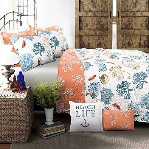 Lush Decor Wende-Bettwäsche-Set mit Muschel-Motiv, Blau und Koralle, 7-teilig, für Doppelbett von Lush Decor