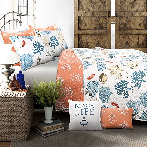 Lush Decor 7-teiliges Bettwäsche-Set mit Küstenriffen, King-Size-Bett, Blau und Koralle von Lush Decor