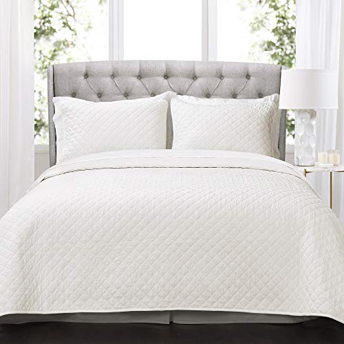 Lush Decor AVA Quilt Rautenmuster, einfarbig, 3-teilig, übergroßes Bettwäsche-Set, Doppelbettgröße, Weiß von Lush Decor