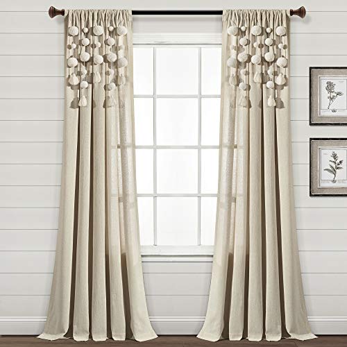 Lush Decor Boho Pom Pom Quaste Leinen Fenstervorhang (Einzelbahn), 241,3 cm lang x 132,1 cm breit, Dunkles Leinen von Lush Decor
