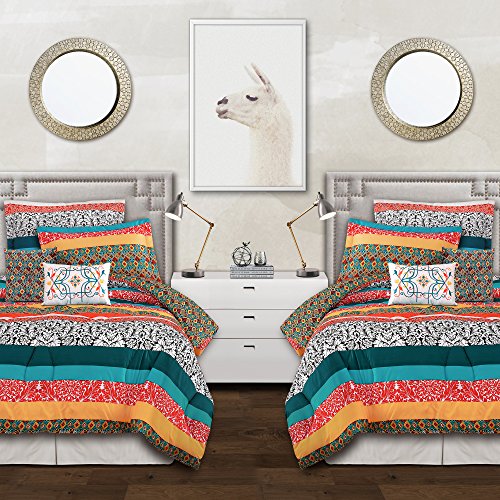 Lush Decor Boho Striped Colorful Pattern Bohemian Style Reversible 5 Piece Comforter Bedding Set - Turquoise/Tangerine, Twin XL, Turquoise & Tangerine von Lush Decor