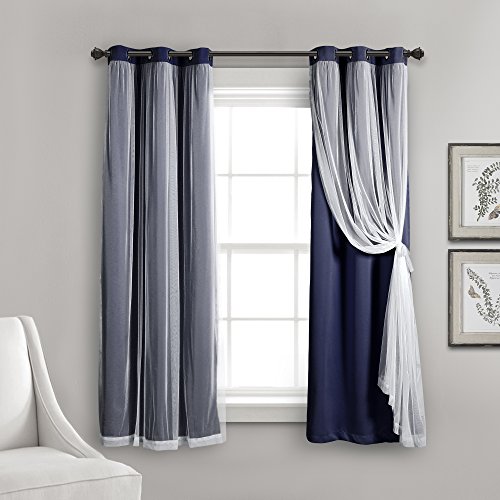 Lush Decor Durchsichtige Vorhänge mit Ösen und isoliertem Verdunkelungsfutter, Raumverdunkelung, Fenstervorhang-Set (Paar), 96,7 x 160,2 cm, Marineblau von Lush Decor