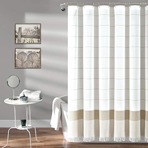 Lush Decor Duschvorhang, gewebt, Baumwolle, Taupe Streifen und Fransen, Badezimmer-Zubehör, 183 x 183 cm, Weiß von Lush Decor
