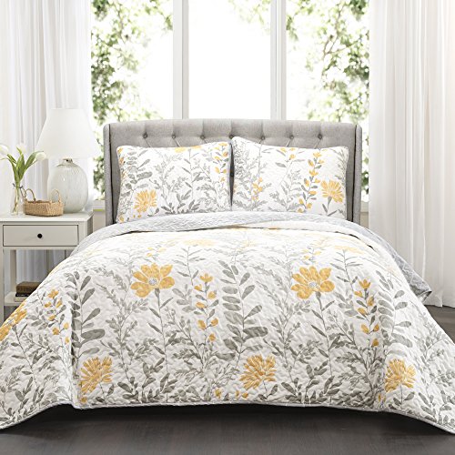 Lush Decor Wende-Bettwäsche-Set für Queen-Size-Bett, Gelb und Grau, 3-teilig, florales Blatt-Design von Lush Decor