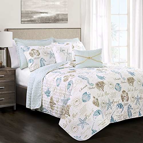 Lush Decor Harbor Life Quilt | Ocean Seaside Seestern Strand Wendebettwäsche Set – Full Queen – Blau und Taupe von Lush Decor