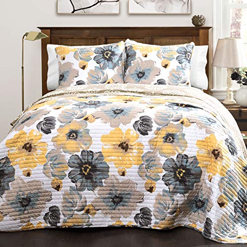 Lush Decor Leah Wende-Bettwäsche-Set mit Blumenmuster, 3-teilig, Doppelbettgröße, Gelb und Grau, Bezauberndes Blumen-Bettwäsche-Set, große blühende Aquarell-Blumen von Lush Decor