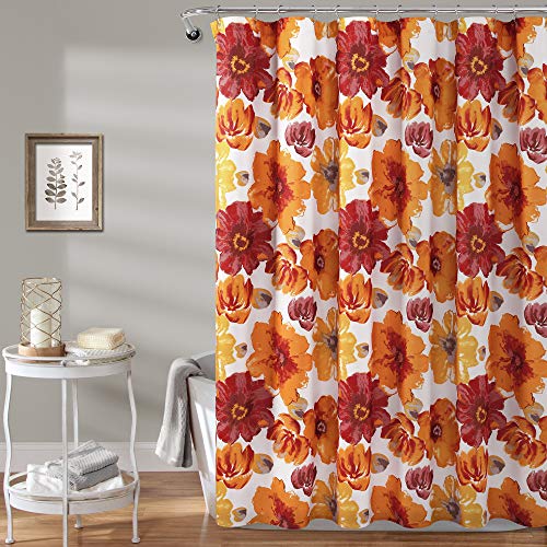 Lush Decor Leah Duschvorhang, eleganter Blumendruck, große Blumenblüten und schöne Farbkombination, Spa-Erlebnis, Standard-Duschvorhang, 182,9 x 182,9 cm (B x L), Rot und Orange von Lush Decor