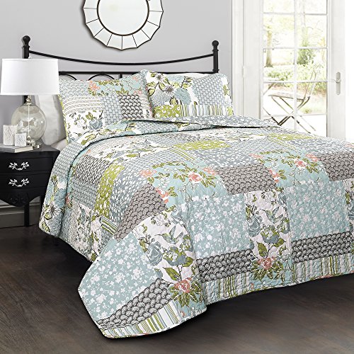 Lush Decor King-Blue Roesser Steppdecke | Patchwork Blumenmuster Wendemuster Landhausstil 3-teiliges Bettwäsche-Set von Lush Decor