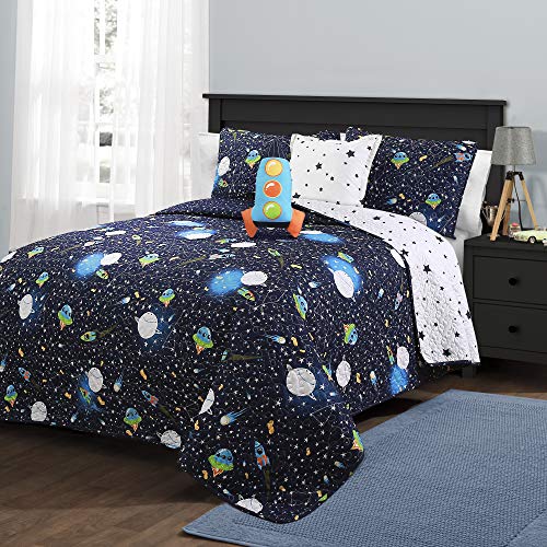 Lush Decor Navy Universe Steppdecke | Weltraum Sterne Galaxie Planet Rakete wendbar 4-teiliges Bettwäsche-Set für Kinder von Lush Decor